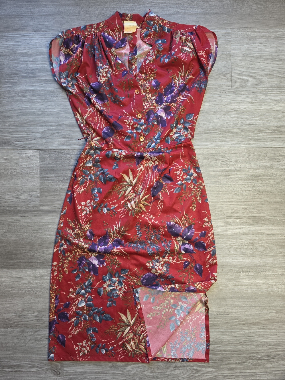 Rich Red /burgundy Floral Midi Dress with Purple Bloom Print